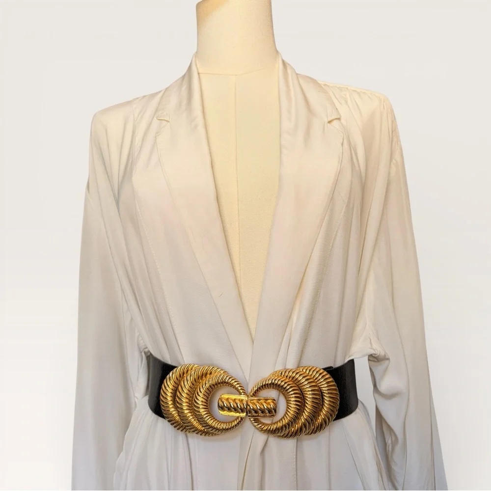 Vintage 90s Accessocraft Gold Belt Buckle w/ Black Snakeskin Leather Belt 29” - Picture 3 of 12